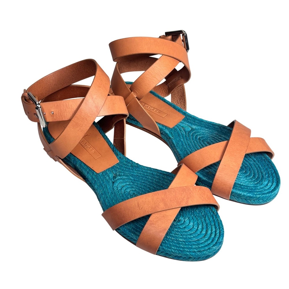 Ralph Lauren Purple Label Leather Sandals Espadrille Gladiator Flat Brown Teal 7